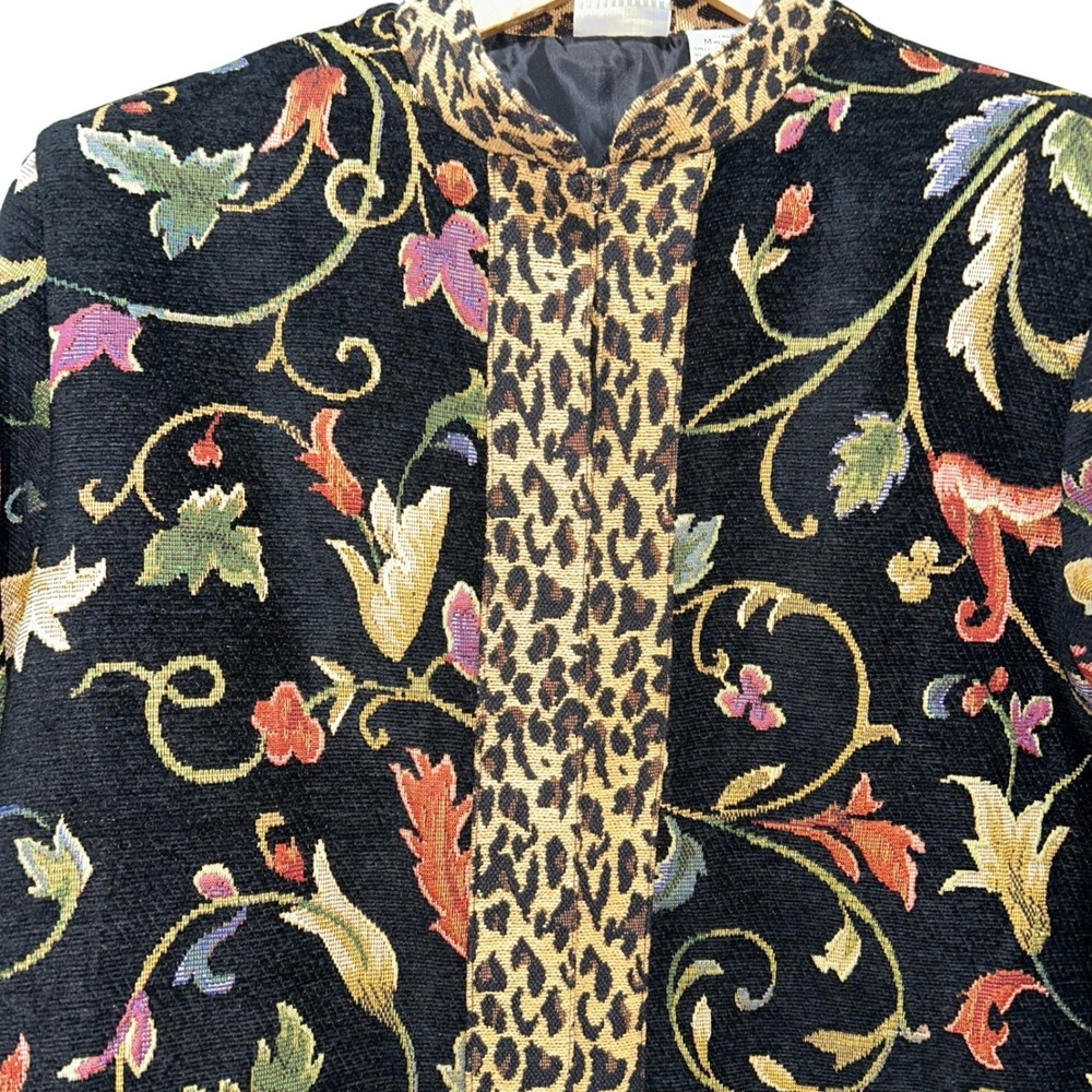 Vintage Tapestry Floral Jacket Leopard Print Trim Art Blazer Women's Medium - Picture 2 of 8